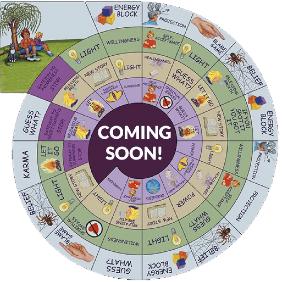 The brightly colored circular playing board for the Satori Game with the steps that a player will take on the board, and the words Coming Soon in the center